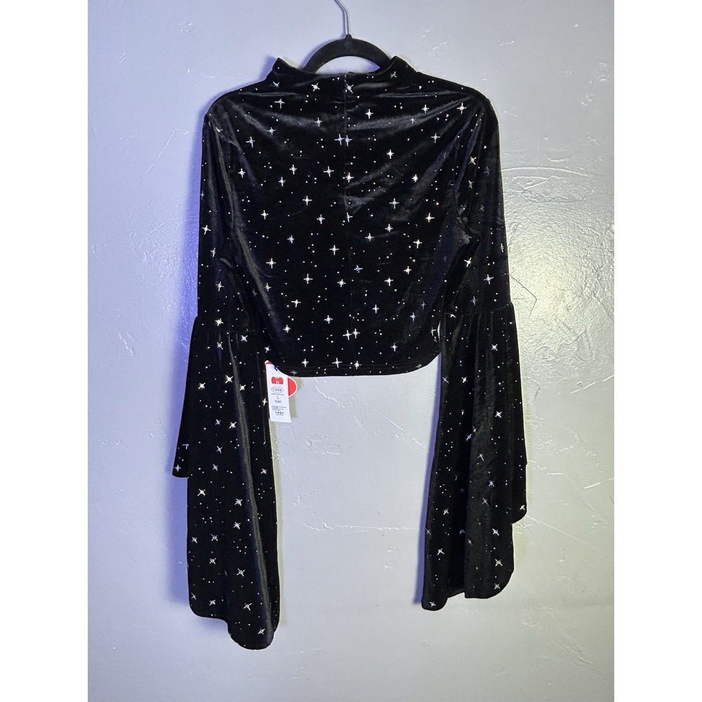 Cider Black Velvet Star Bell Sleeve Crop Top Celestial Whimsy Goth Women's L - Picture 3 of 11